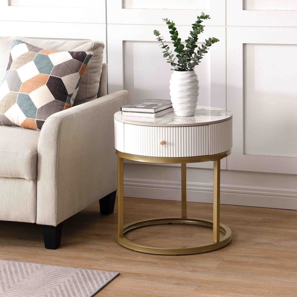 Modern Nightstand With Drawer, Marble Round End Table With Storage, Side Table For Living Room&Bedroom_maomaolike.com