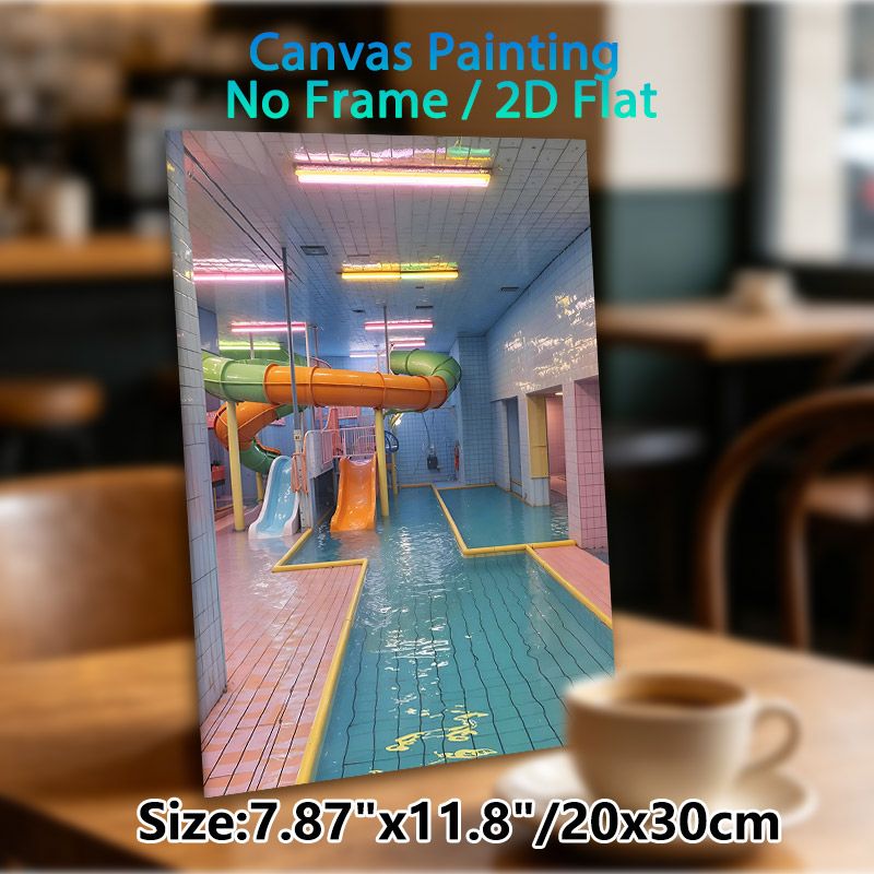Indoor Water Park Painting Poster, Retro Pastel-toned Water Slides & Pool Scene Poster, Nostalgic Eye-catching Wall Decor For Home, Entertainment_maomaolike.com