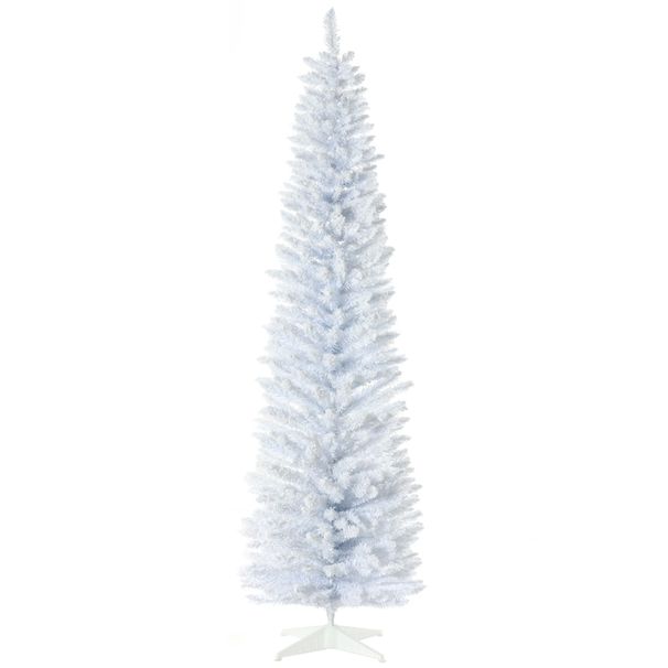 7' Snow Flocked Artificial Pencil Christmas Tree, Slim Xmas Tree With Realistic Branches And Plastic Base Stand For Indoor Decoration, White_maomaolike.com