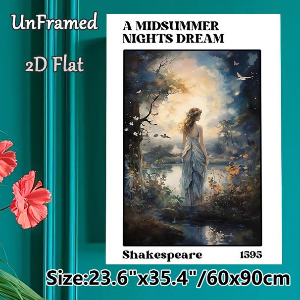 A Midsummer Night's Dream Painting Poster, Dreamy Watercolor Fairy By Lakeside Poster, Soft Hazy Woodland Scene, Ideal For Adding Romantic Ambiance To_maomaolike.com