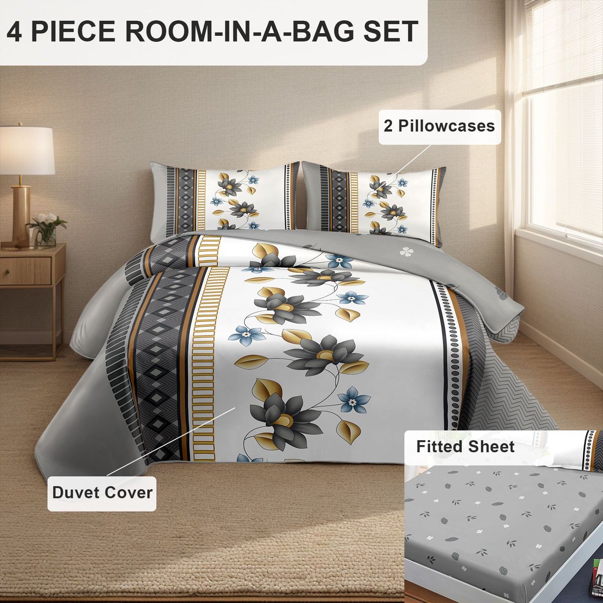 4 Piece Soft All-Season Washed Microfiber Cover Set , Queen/King/Calking Bedding Set With Zipper Closure, Sheet, Pillowcases,Print, Moisture-Wicking, Soft ,Cooling, Breathable, Easy Care_maomaolike.com