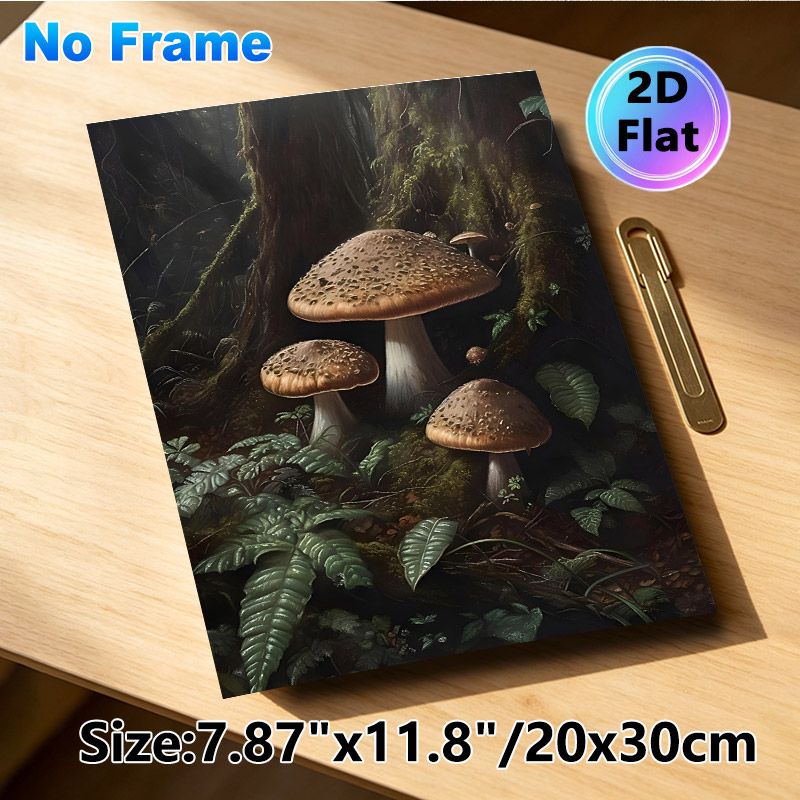 Forest Mushroom Painting Poster, Realistic Dark Forest Mushroom & Fern Scene Poster, Calming Natural Woodland Design, Ideal For Living Room, Bedroom_maomaolike.com