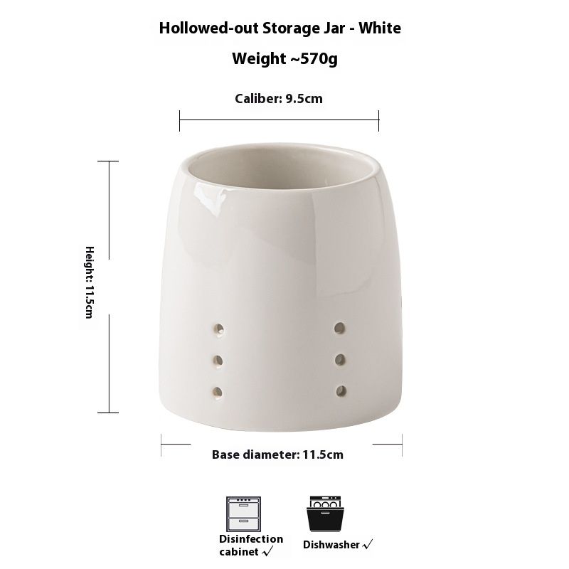 White Ceramic Utensil Holder With Drainage Holes – Minimalist Chopstick Cutlery Organizer For Kitchen, Bathroom & Office_maomaolike.com