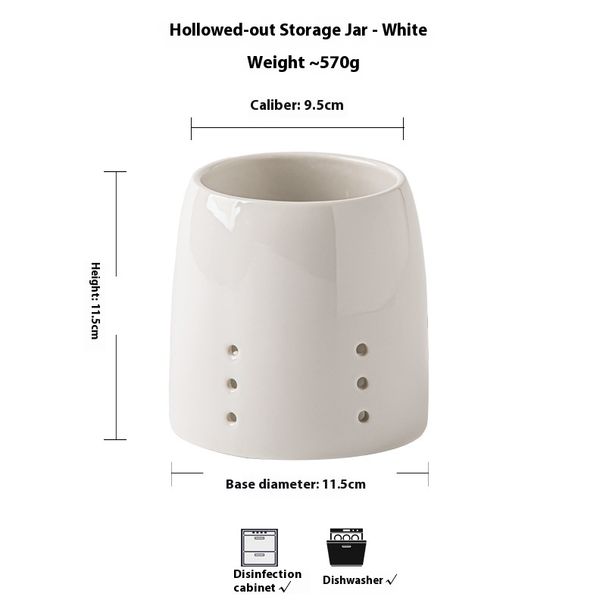 White Ceramic Utensil Holder With Drainage Holes – Minimalist Chopstick Cutlery Organizer For Kitchen, Bathroom & Office_maomaolike.com