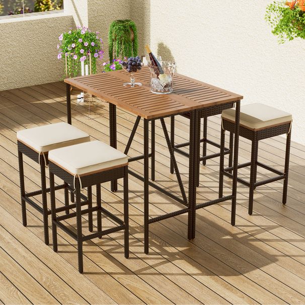 5-Piece Outdoor Acacia Wood Bar Height Table And Four Stools With Cushions, Garden PE Rattan Wicker Dining Table, Foldable Tabletop, High-Dining Bistro Set, All-Weather Patio Furniture, Brown_maomaolike.com