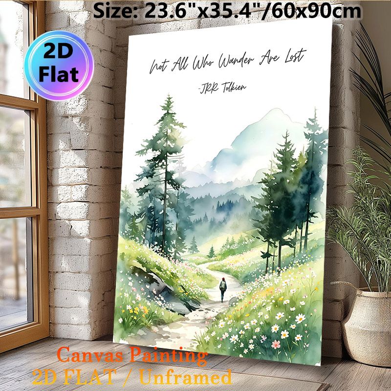Wanderlust Mountain Trail Painting Poster, Soft Watercolor Scenic Path With Wildflowers And Hiker Poster, Inspirational "Not All Who Wander Are Lost_maomaolike.com