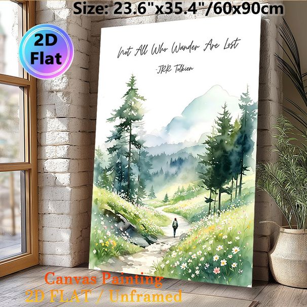 Wanderlust Mountain Trail Painting Poster, Soft Watercolor Scenic Path With Wildflowers And Hiker Poster, Inspirational "Not All Who Wander Are Lost_maomaolike.com