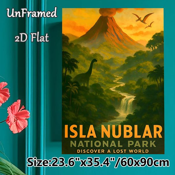 Isla Nublar Dinosaur Painting Poster, Vintage Prehistoric Landscape Poster, Captivating Scene Featuring Volcano, Dinosaurs And Waterfall, Ideal For_maomaolike.com
