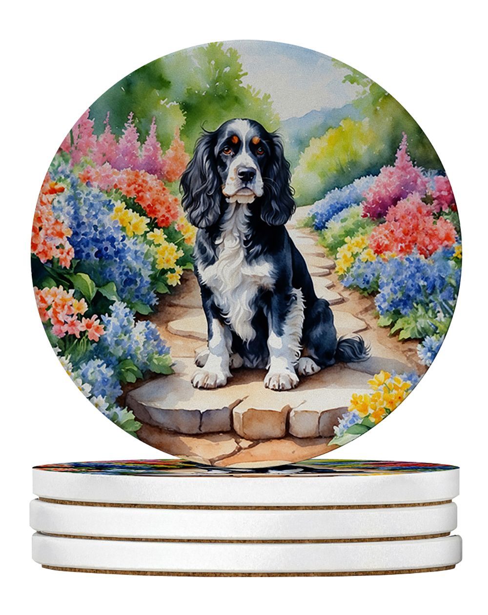 Cocker Spaniel Spring Path Large Sandstone Coasters Pack Of 4 Absorbent Round Coasters Decor Gifts For Men Or Women, 4 In, Multicolor_maomaolike.com
