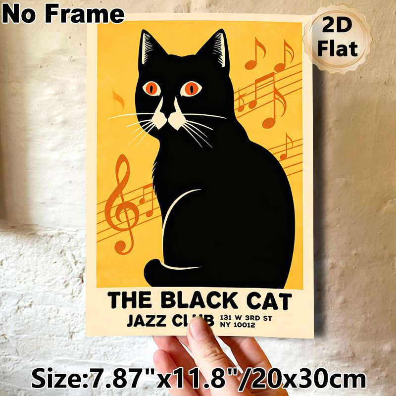 Black Cat Jazz Club Painting Poster, Warm-toned Retro Style Poster, Artistic Design With Black Cat & Musical Notes, Ideal For Home, Music Room And_maomaolike.com