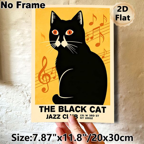 Black Cat Jazz Club Painting Poster, Warm-toned Retro Style Poster, Artistic Design With Black Cat & Musical Notes, Ideal For Home, Music Room And_maomaolike.com
