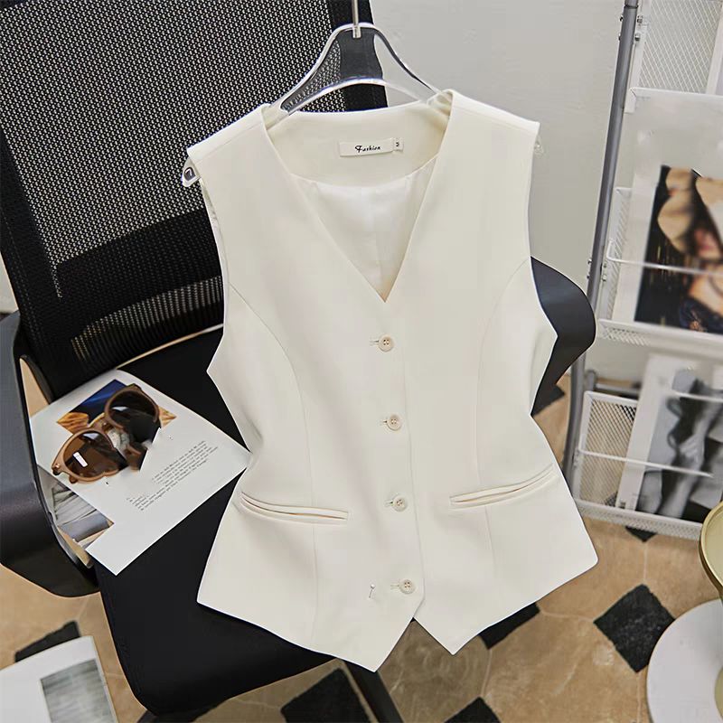Women's Clothing fashion waist short vest jacket in summer high-end temperament V-neck white suit vest_maomaolike.com