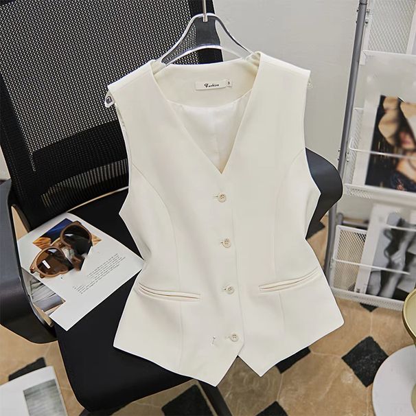 Women's Clothing fashion waist short vest jacket in summer high-end temperament V-neck white suit vest_maomaolike.com