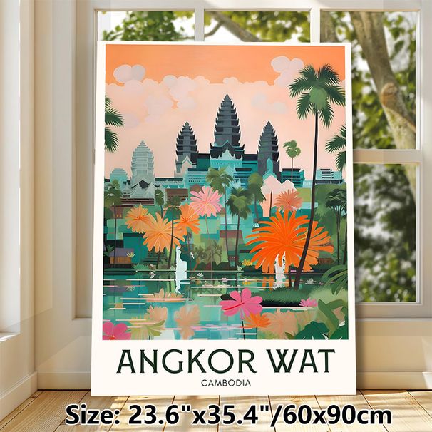 Angkor Wat Themed Painting Poster, Colorful Tropical Waterfront Scene Poster, Travel-inspired Decorative Piece Suitable For Living Room, Bedroom And_maomaolike.com