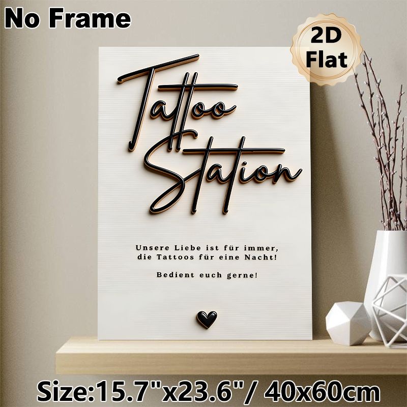 Tattoo Station Themed Painting Poster, Sleek Black Raised Script With Heart Accent Poster, Unique Tattoo Studio-inspired Decor Ideal For Tattoo Shops_maomaolike.com