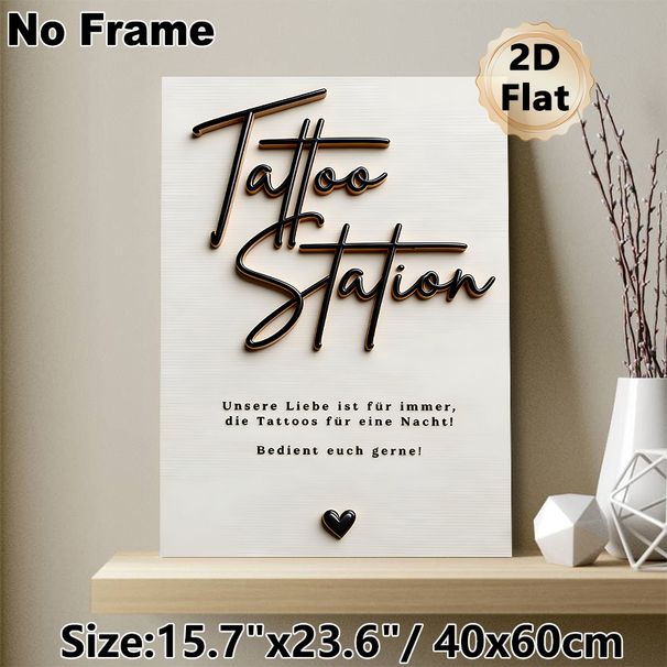 Tattoo Station Themed Painting Poster, Sleek Black Raised Script With Heart Accent Poster, Unique Tattoo Studio-inspired Decor Ideal For Tattoo Shops_maomaolike.com