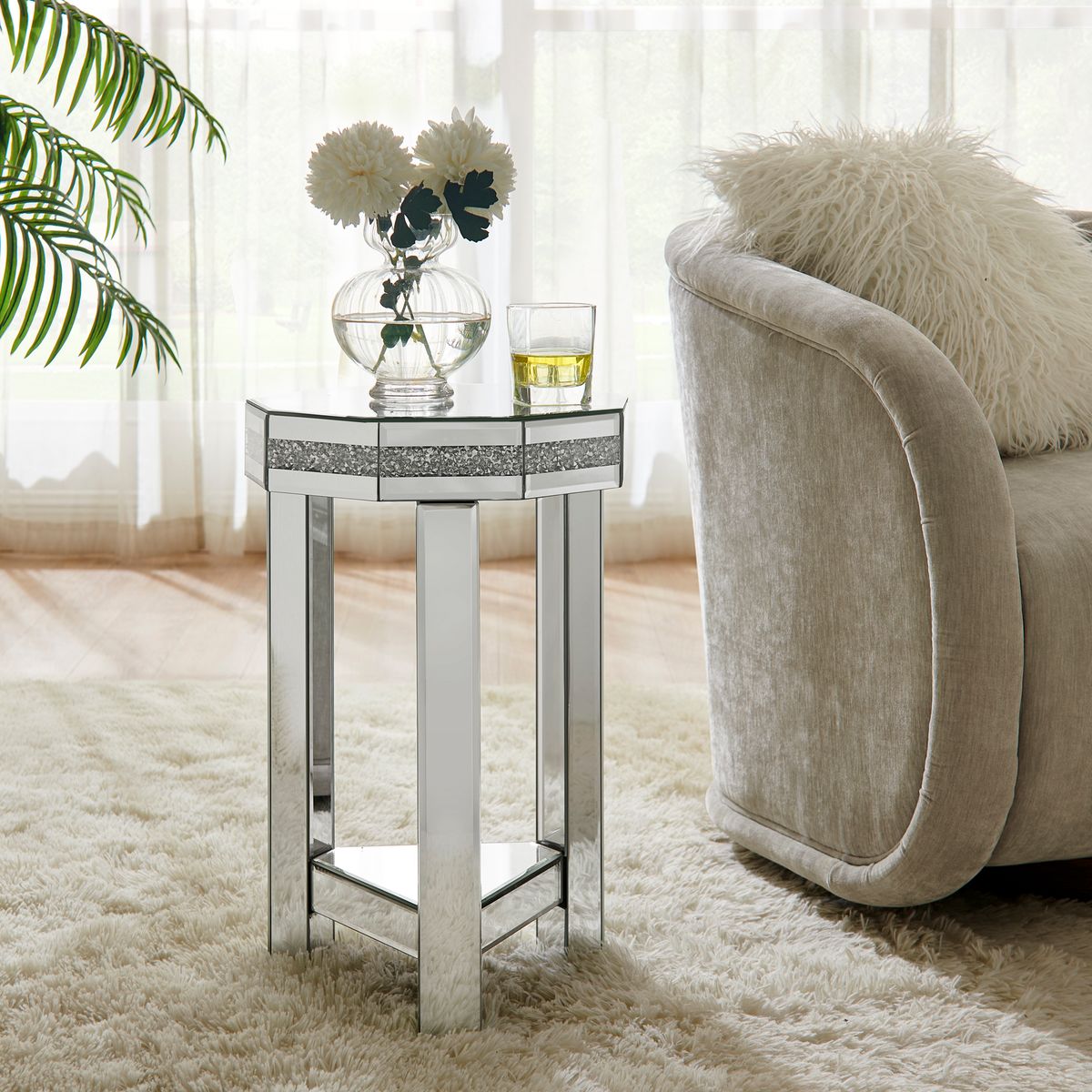 Mirrored Octagon End Table With Crystals Inlay, 2-Tier Modern Small Sofa Table With Storage, Silver Accent Side Table For Living Room, Bedroom, Coffee, And Small Spaces 13.8W X 13.8D X 21H_maomaolike.com