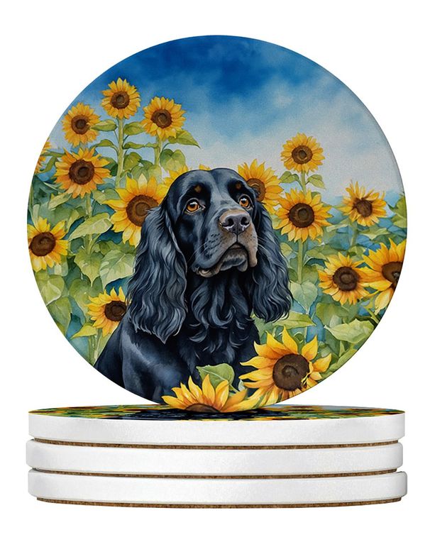 Cocker Spaniel In Sunflowers Large Sandstone Coasters Pack Of 4 Absorbent Round Coasters Decor Gifts For Men Or Women, 4 In, Multicolor_maomaolike.com