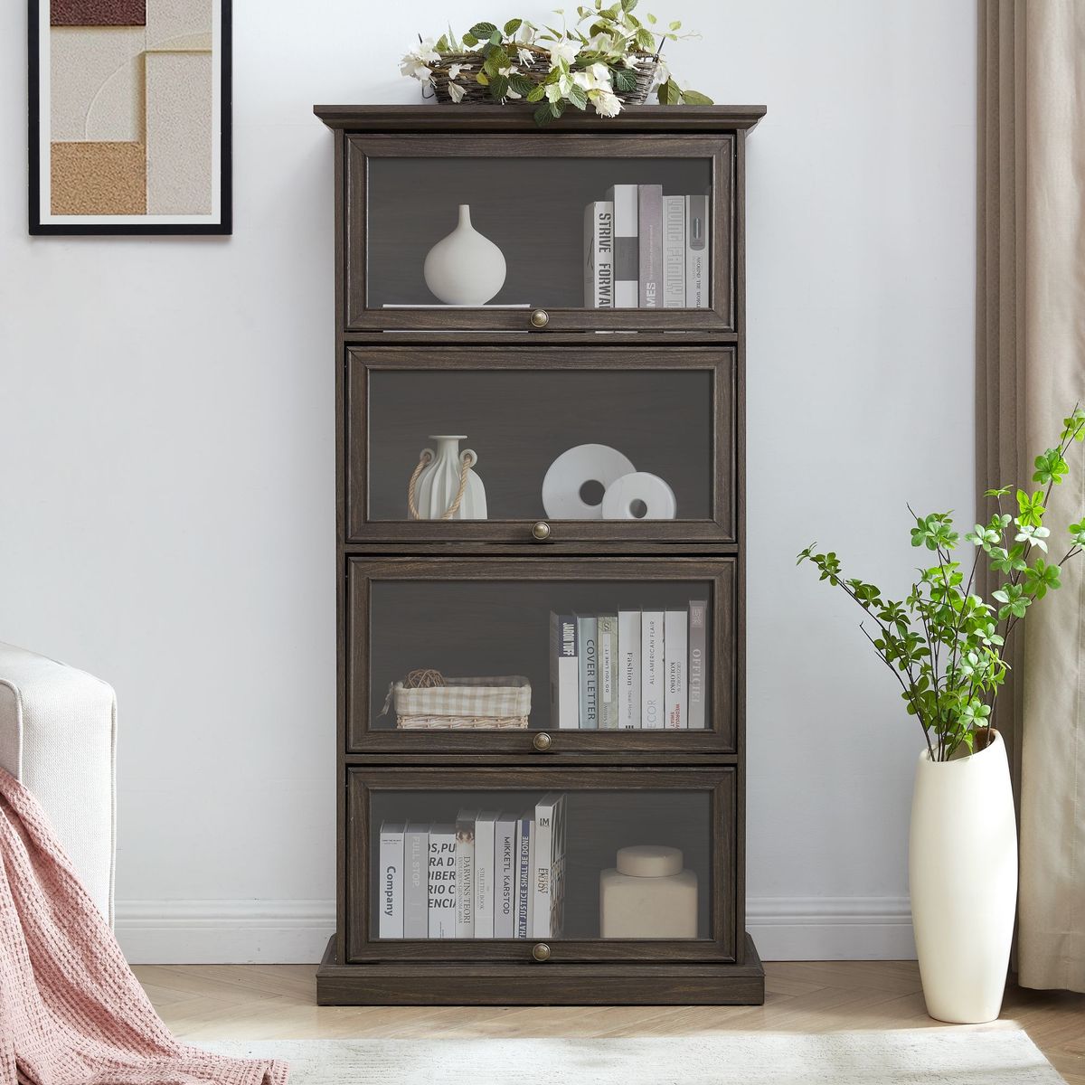 Glass Display Cabinet 4 Tier Glass Display Cabinet Storage Curio Cabinet With Flip Up Glass Doors, Collectors Showcase Toy Figure Organizers Rack, Bookcase For Living Room BRO_maomaolike.com