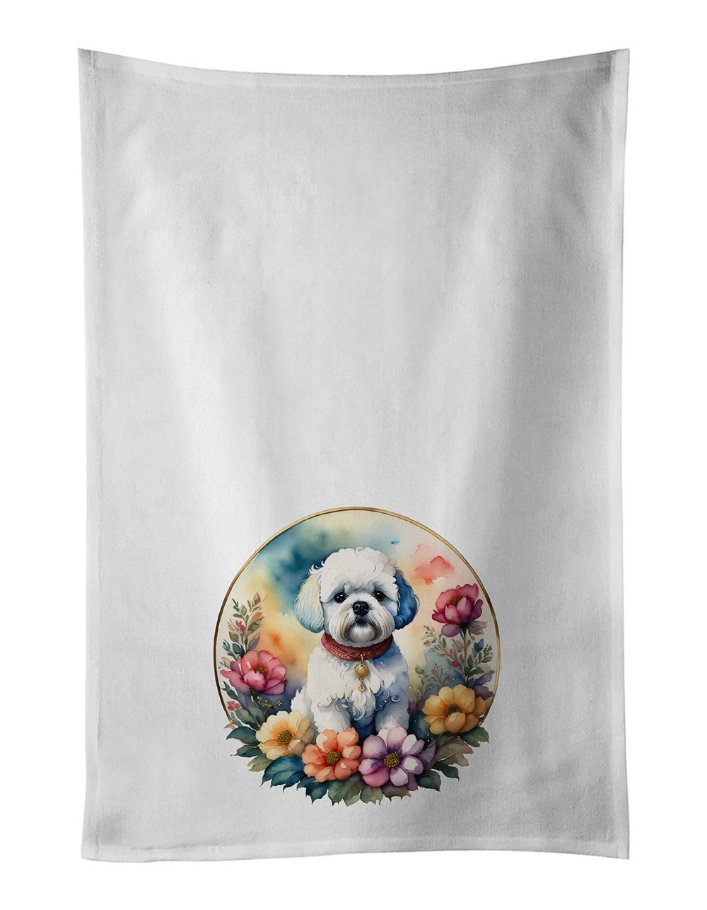 Bichon Frise And Flowers Kitchen Towel Set Of 2 White Dish Towels Decorative Bathroom Hand Towel For Hand, Face, Hair, Yoga, Tea, Dishcloth, 19 X 28", White_maomaolike.com