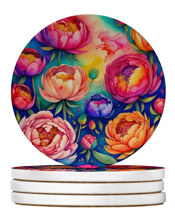 Colorful Peonies Large Sandstone Coasters Pack Of 4 Absorbent Round Coasters Decor Gifts For Men Or Women, 4 In, Multicolor_maomaolike.com