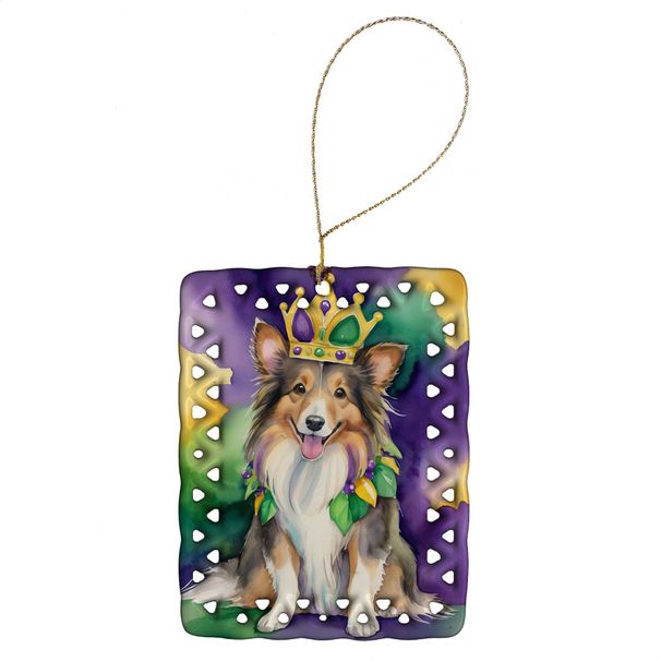 Sheltie King Of Mardi Gras Porcelain Ornament Christmas Tree Hanging Decorations For Home Christmas Holiday, Rectangle, Gift, Multicolor_maomaolike.com
