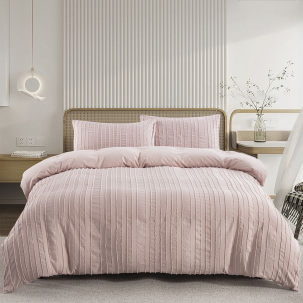 Fluffy Cut Flower Pink Vertical Striped Quilt Duvet Cover Bedding Three Piece Set_maomaolike.com