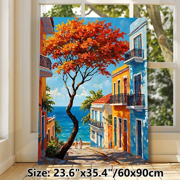 Coastal Town Painting Poster, Vibrant Impressionist-style Colorful Seaside Street With Autumn Tree & Ocean View Poster, Brings Warm Scenic Ambiance_maomaolike.com