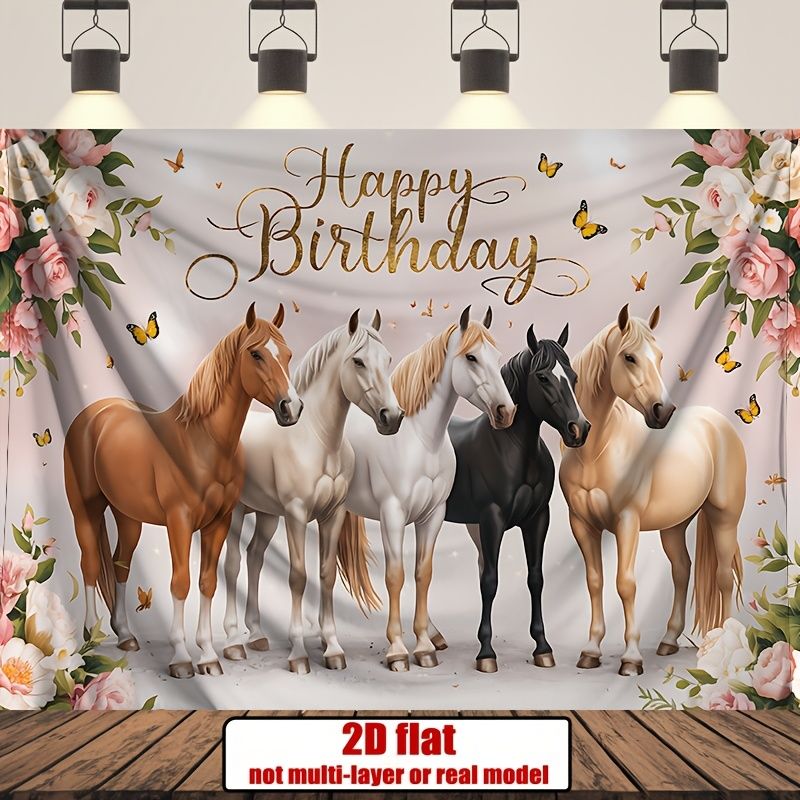 Horse Themed Birthday Party Banner - 2D Flat Polyester Backdrop, Wall Hanging Photo Props, Party Decor_maomaolike.com