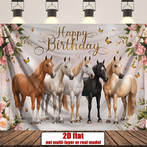 Horse Themed Birthday Party Banner - 2D Flat Polyester Backdrop, Wall Hanging Photo Props, Party Decor_maomaolike.com