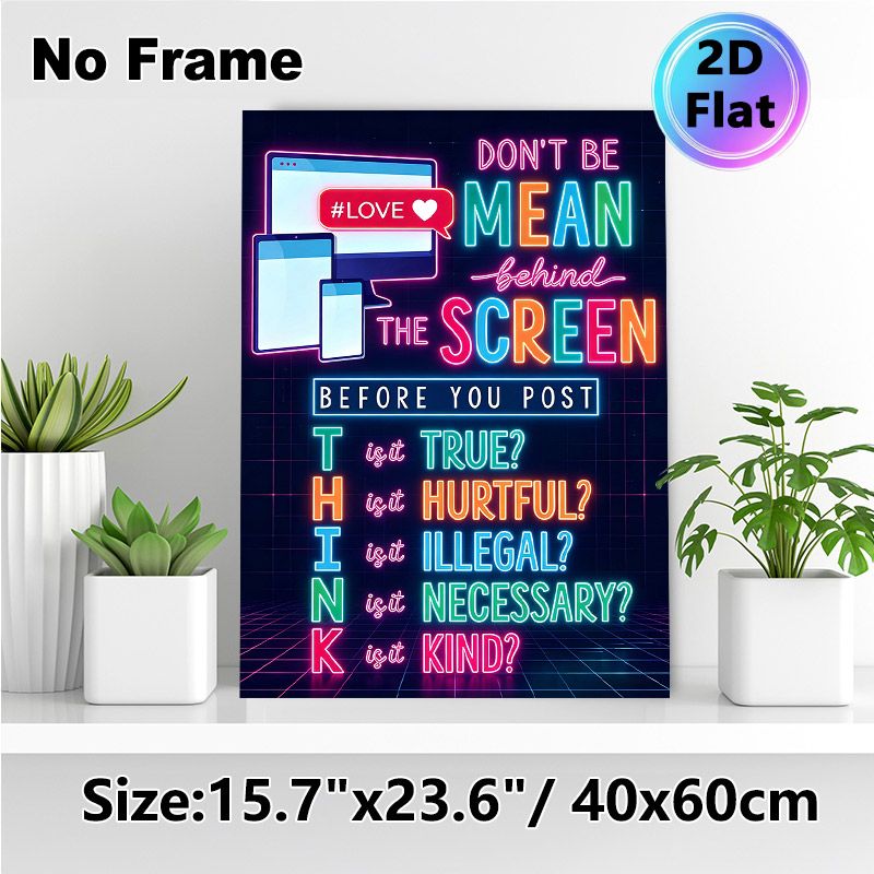 Digital Etiquette Painting Poster, Vibrant Neon-style Text & Device Graphic Poster, Encourages Respectful Online Posting, Ideal For Office, Study Area_maomaolike.com