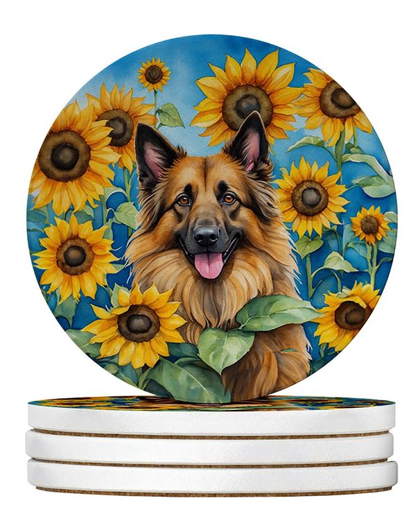 Belgian Tervuren In Sunflowers Large Sandstone Coasters Pack Of 4 Absorbent Round Coasters Decor Gifts For Men Or Women, 4 In, Multicolor_maomaolike.com
