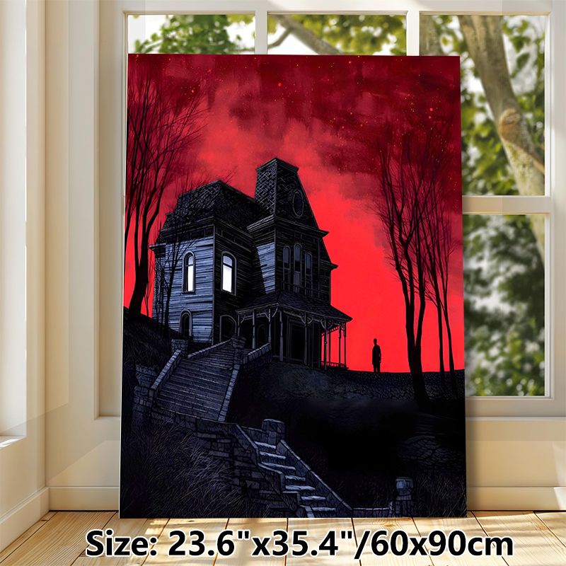 Haunted Mansion Painting Poster, Eerie Dark Gothic Style Poster, Spooky Old Mansion With Crimson Sky And Shadowy Figure, Ideal For Home Wall Decor And_maomaolike.com