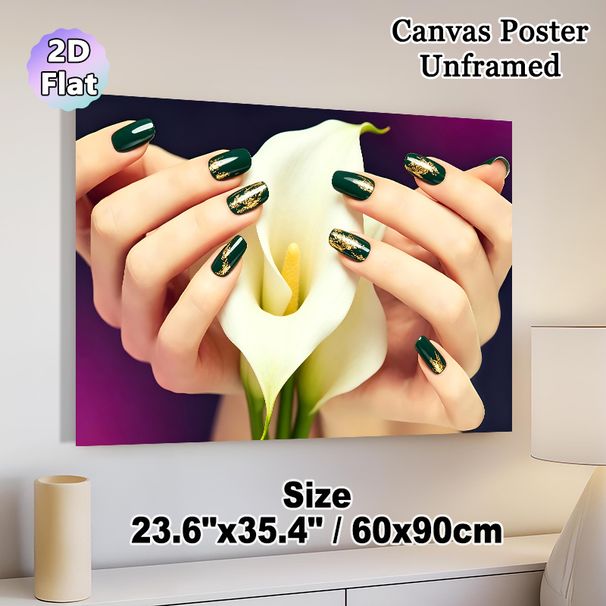 Nail Art & Calla Lily Painting Poster, Elegant Glossy Dark Green Nail Art With Gold Foil Accents & White Calla Lily Poster, Stylish Decorative Piece_maomaolike.com
