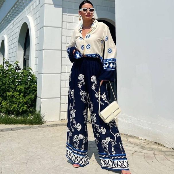 Women's clothing fashion positioning printed loose long-sleeved tops wide-leg pants two-piece set_maomaolike.com