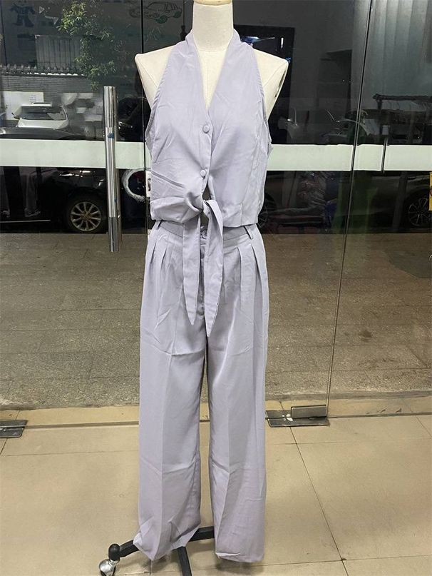 Women's clothing fashion temperament sleeveless hollow shirt high waist wide leg pants two-piece suit_maomaolike.com