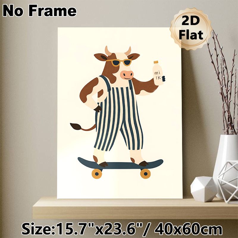 Cool Skateboarding Cow Painting Poster, Playful Cartoon Style Poster, Whimsical Design Of Cow In Overalls Holding Milk Bottle On Skateboard, Ideal For_maomaolike.com