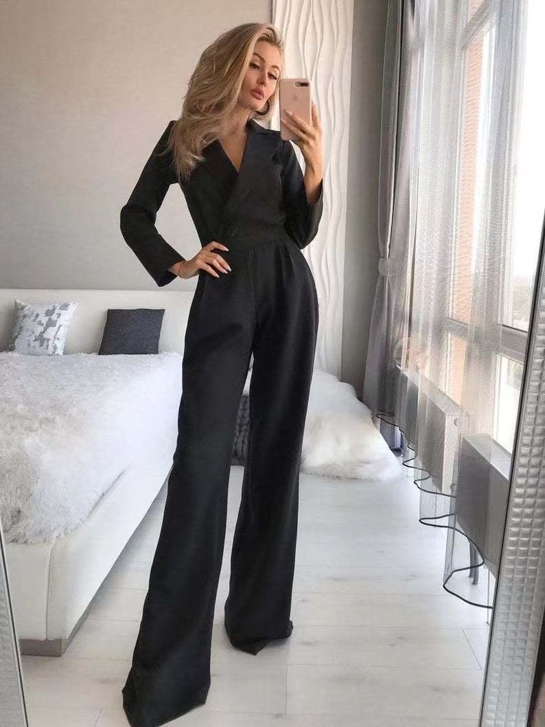 Women's long skirt jumpsuit slanted placket mid-waist temperament commuting jumpsuit_maomaolike.com