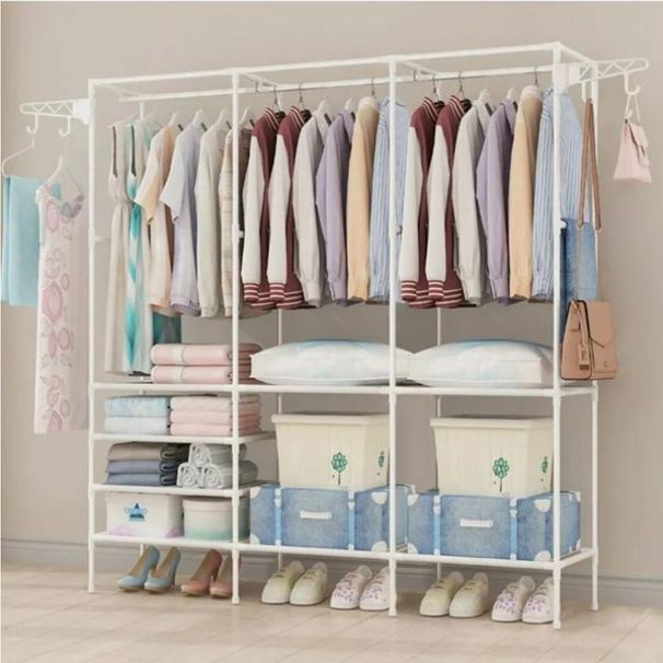 67×65×13.7 In Spacious Triple - Row Black/White Metal Clothes Rack With Drying Area - Stylish Floor - Standing Organizer For Bedroom, With Shoe & Accessory Space, Made Of Durable Plastic_maomaolike.com