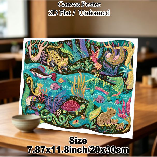 Tropical Rainforest Wildlife Painting Poster, Vibrant Colorful Playful Jungle Animal Scene Poster, Richly Illustrated Decor Piece Suitable For Home_maomaolike.com