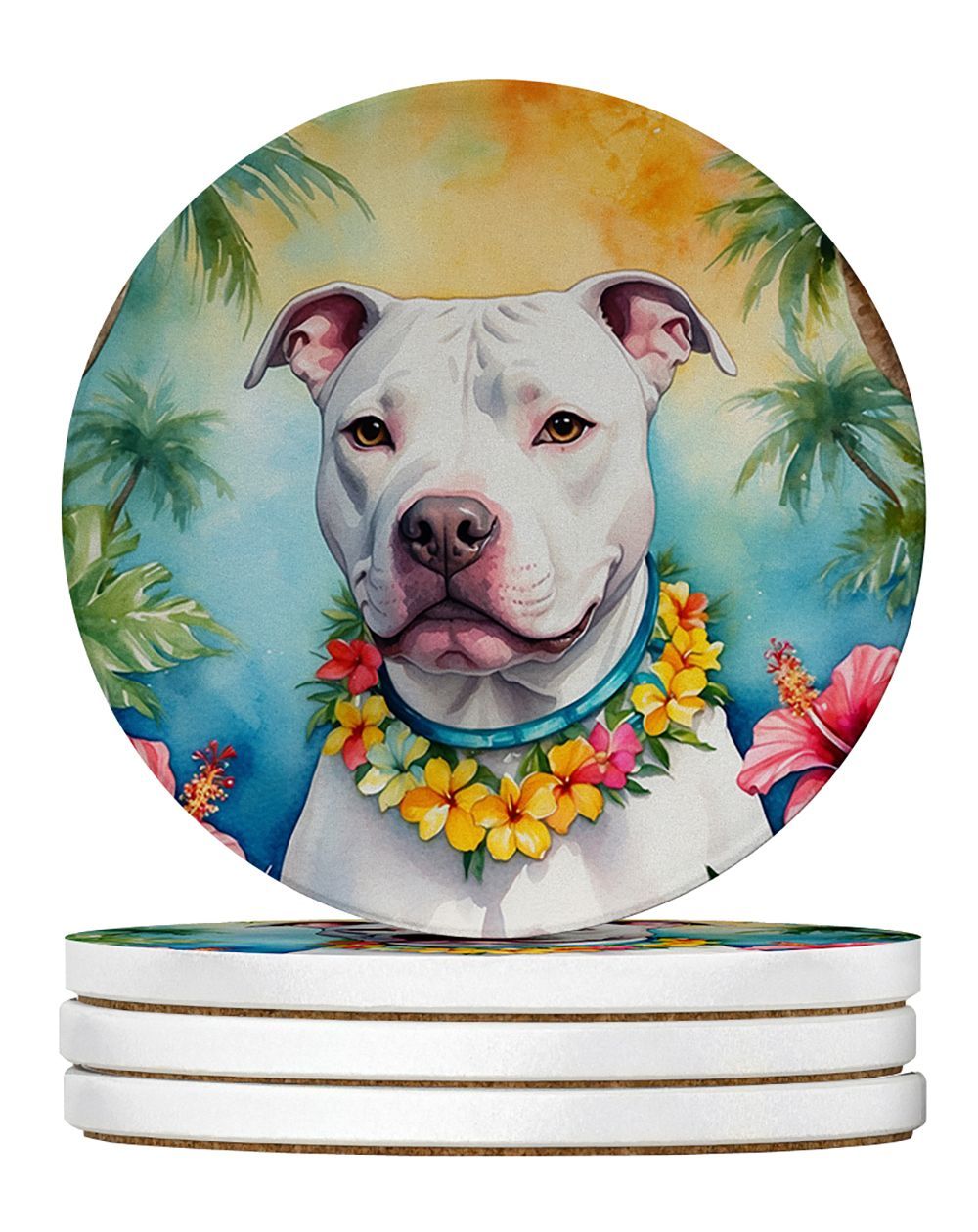 Pit Bull Terrier Luau Large Sandstone Coasters Pack Of 4 Absorbent Round Coasters Decor Gifts For Men Or Women, 4 In, Multicolor_maomaolike.com