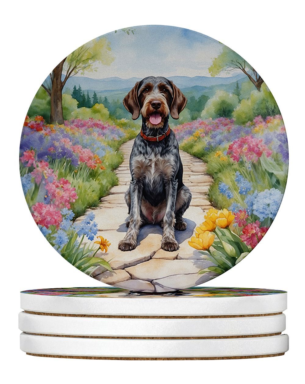 German Wirehaired Pointer Spring Path Large Sandstone Coasters Pack Of 4 Absorbent Round Coasters Decor Gifts For Men Or Women, 4 In, Multicolor_maomaolike.com
