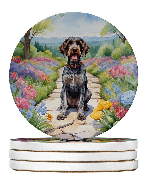 German Wirehaired Pointer Spring Path Large Sandstone Coasters Pack Of 4 Absorbent Round Coasters Decor Gifts For Men Or Women, 4 In, Multicolor_maomaolike.com