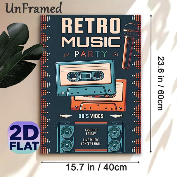 Retro 80s Music Party Painting Poster, Vibrant Vintage-style Poster, Featuring Cassettes, Microphone And Speakers, Nostalgic Music-themed Decor For_maomaolike.com