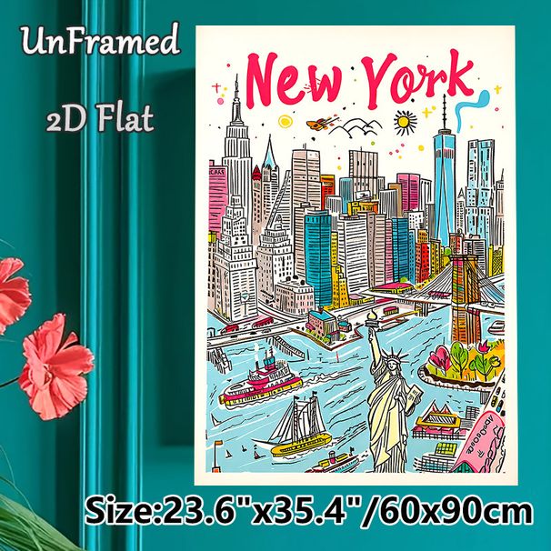 New York City Skyline Painting Poster, Vibrant Cartoon-style Urban Scene Poster, Showcases Iconic Landmarks, Adds Lively City Atmosphere, Ideal For_maomaolike.com