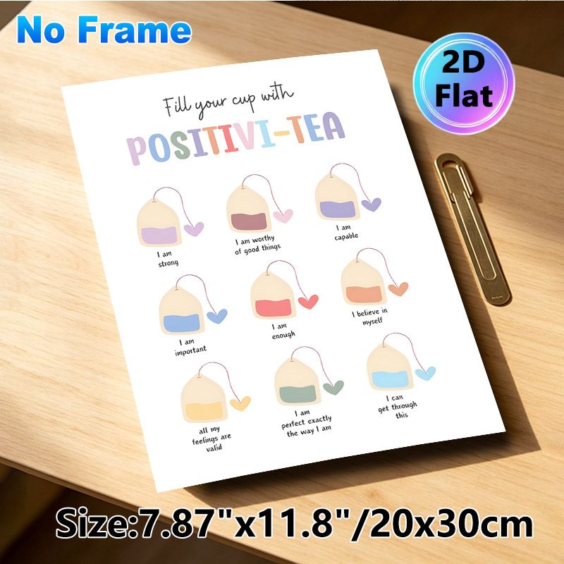 Positivi-Tea Positive Affirmation Painting Poster, Pastel Whimsical Tea Bag Graphic Poster, Features Uplifting Self-affirming Messages, Suitable For_maomaolike.com