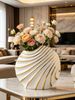 White & Gold Striped Ceramic Vase, Modern Luxury Wave Textured Decorative Flower Vase For Living Room Dining Table Home Decor_maomaolike.com