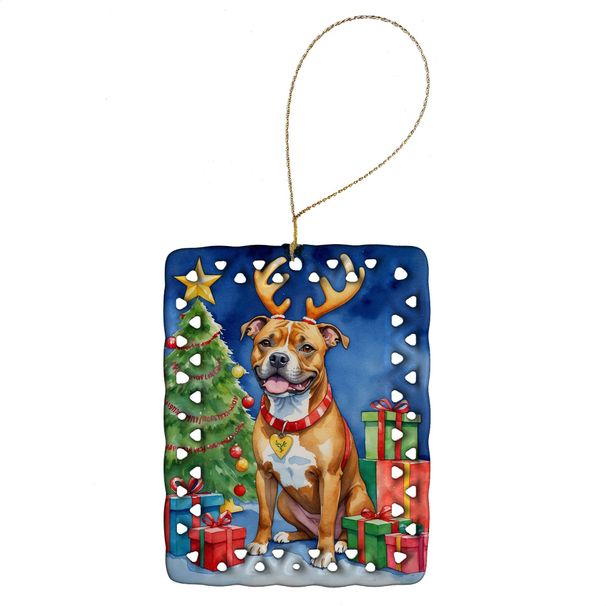 Staffordshire Bull Terrier Christmas Reindeer Porcelain Ornament Christmas Tree Hanging Decorations For Home Christmas Holiday, Rectangle, Gift, Multicolor_maomaolike.com