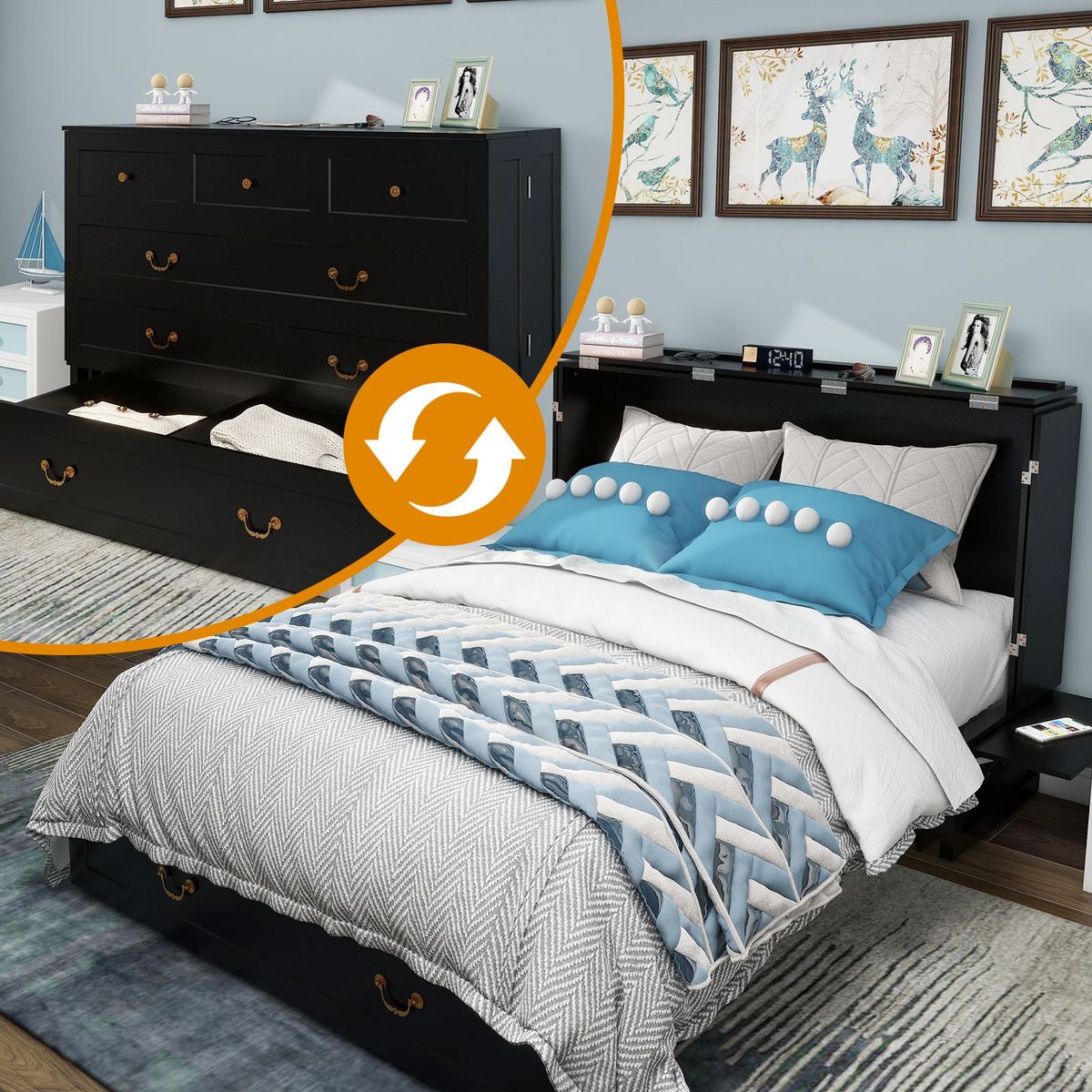 Murphy Bed Cabinet, Queen Murphy Bed With USB And Charging Ports, Murphy Bed Cabinet With Drawer Includes Storage Cabinet, Murphy Bed Queen Suit For Guest Room, Reddish-Brown Cabinet Bed -- 2 Packages_maomaolike.com