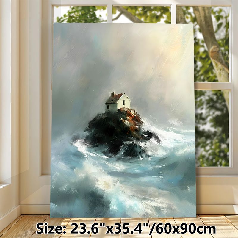 Seaside Cottage On Rock Painting Poster, Soft-toned Impressionist Stormy Sea Scene Poster, Calming Dramatic Coastal Artwork Ideal For Living Room_maomaolike.com